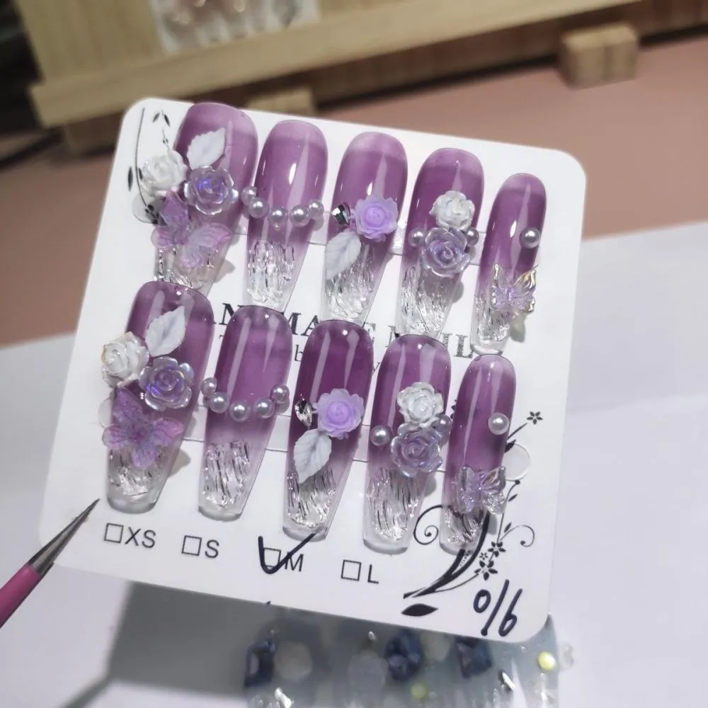 Handmade Purple Ice Cracked Crystal Long Press-On Nails