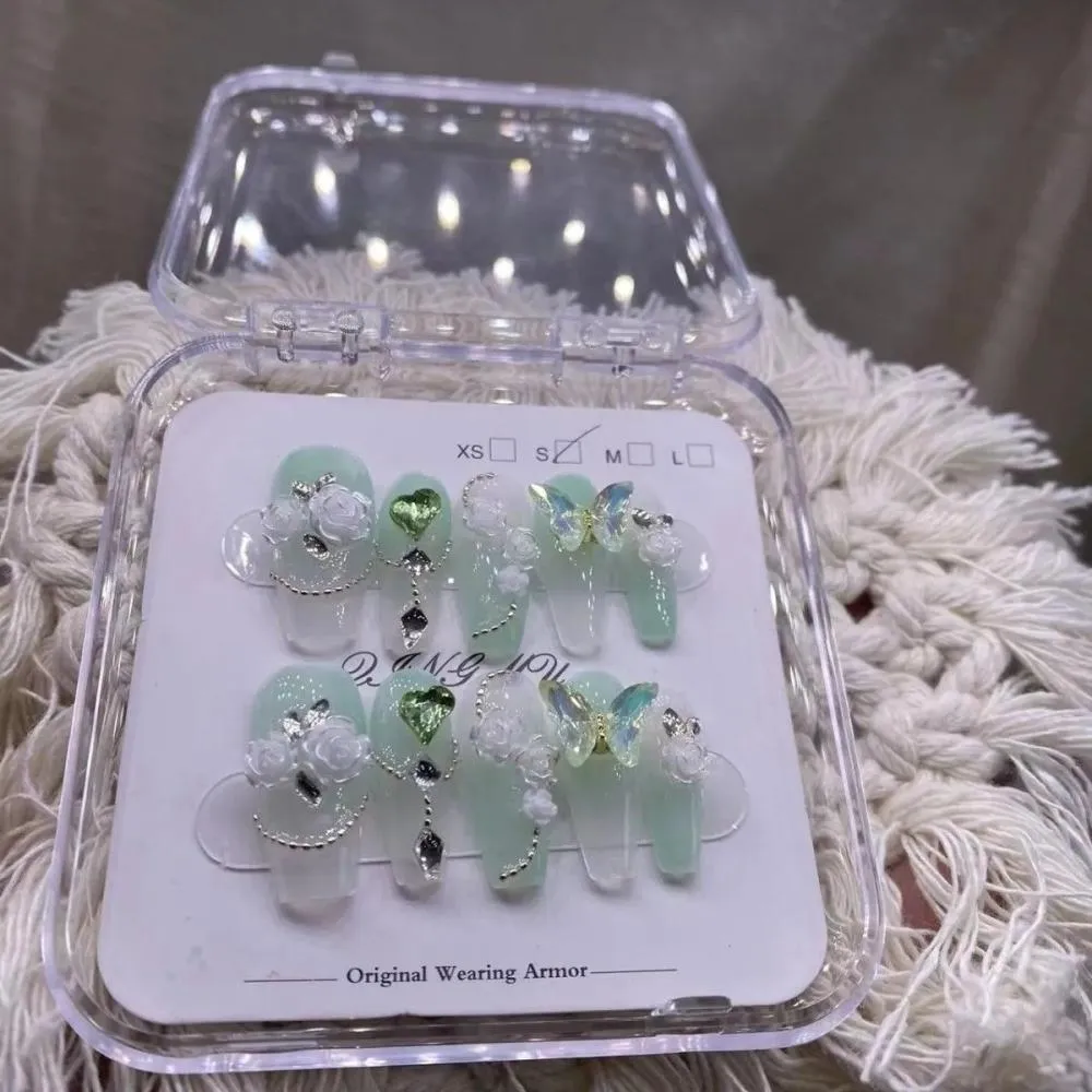 Handmade Butterfly "Emerald Forest" Press-On Nails